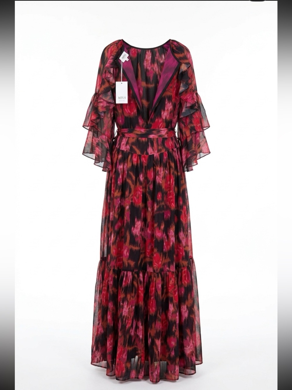Misa Los Angeles Pink and Black Ruffle Tiered Maxi Dress